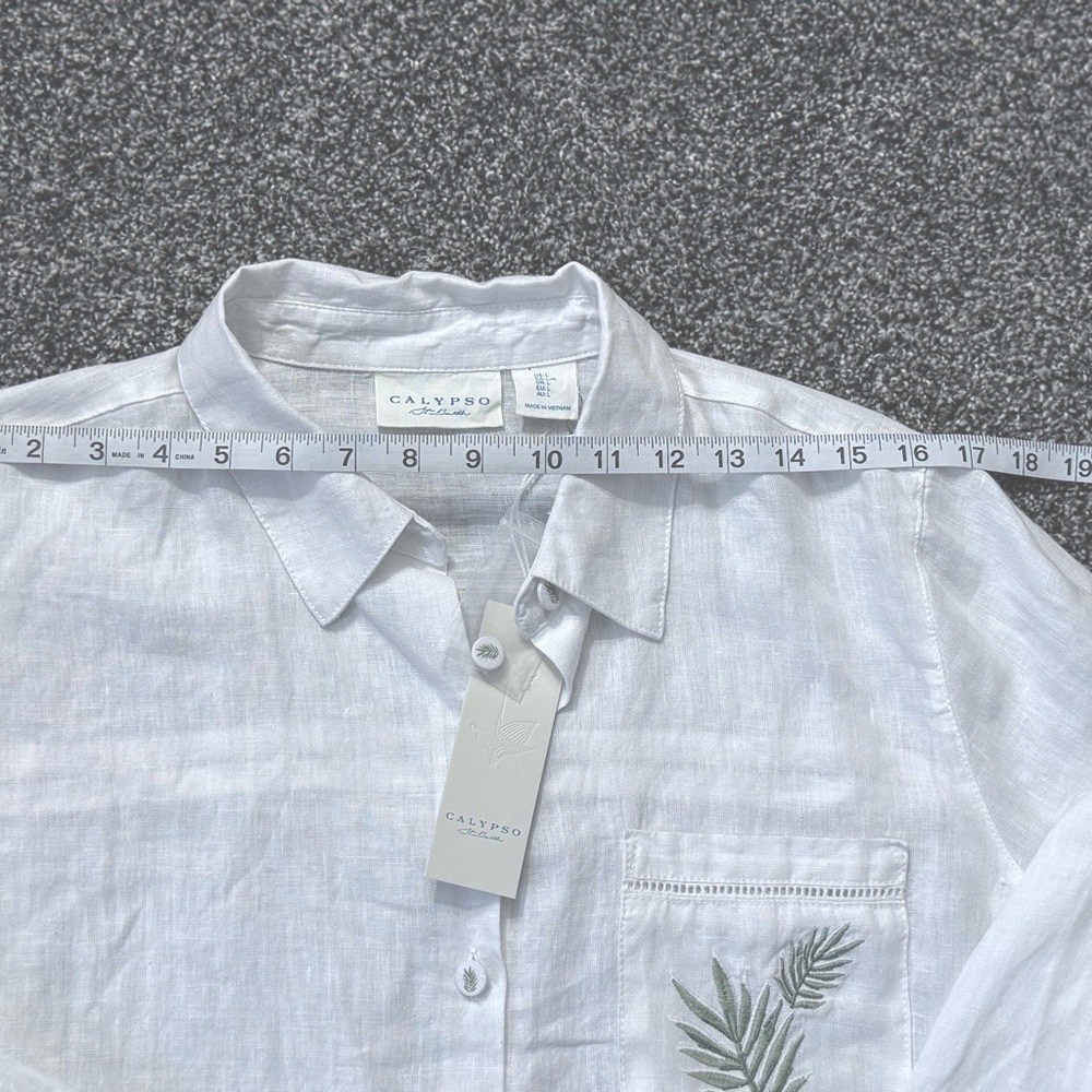 Calypso St. Barth White Button-Up Linen Tunic with Leaf Detail - Picture 9 of 14